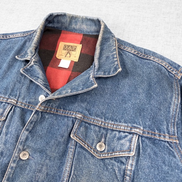 Vintage GAP Flannel Lined Denim Trucker Jacket Buffalo Plaid 90s Workwear M - Picture 4 of 12